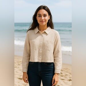 Heart and Arrow Beige Striped Shirt Button Up Cropped Girls 10-12 NWT